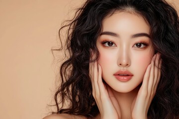 Fototapeta premium Young Asian beauty woman curly long hair with korean makeup style touch her face and perfect skin on isolated beige background. Facial treatment, Cosmetology, plastic surgery with generative ai