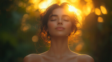 woman sits amid vibrant greenery, eyes closed, breathing deeply, embodying tranquility and harmony with nature. The scene captures introspection, peace, and a profound bond with the earth