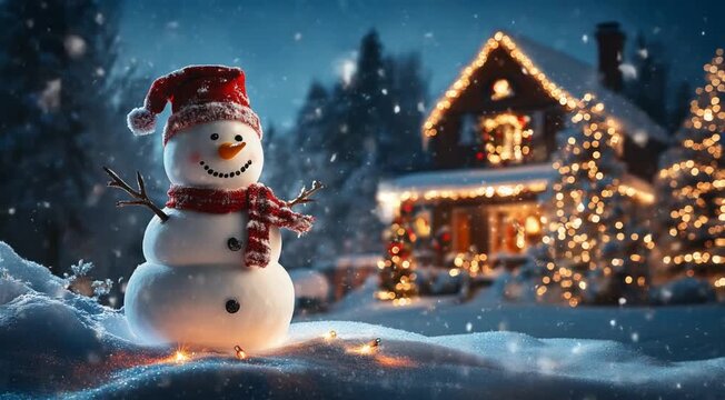 a smiling snowman stands against the backdrop of a glowing house on New Year's Eve, snow is falling