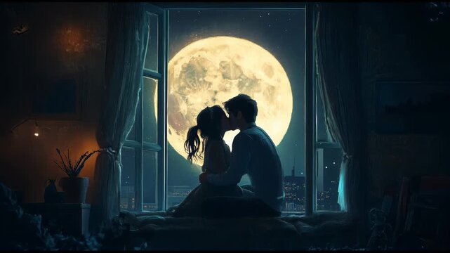 &nbsp;a guy and a girl in love sit at night near the window and kiss under the shining moon, lights and romance all around