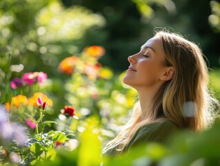 Naklejka premium Peaceful Woman Enjoying Nature in a Lush Garden with Colorful Flowers on a Sunny Day