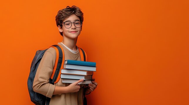 School kid with pile of books. Children enjoying book story in school library.