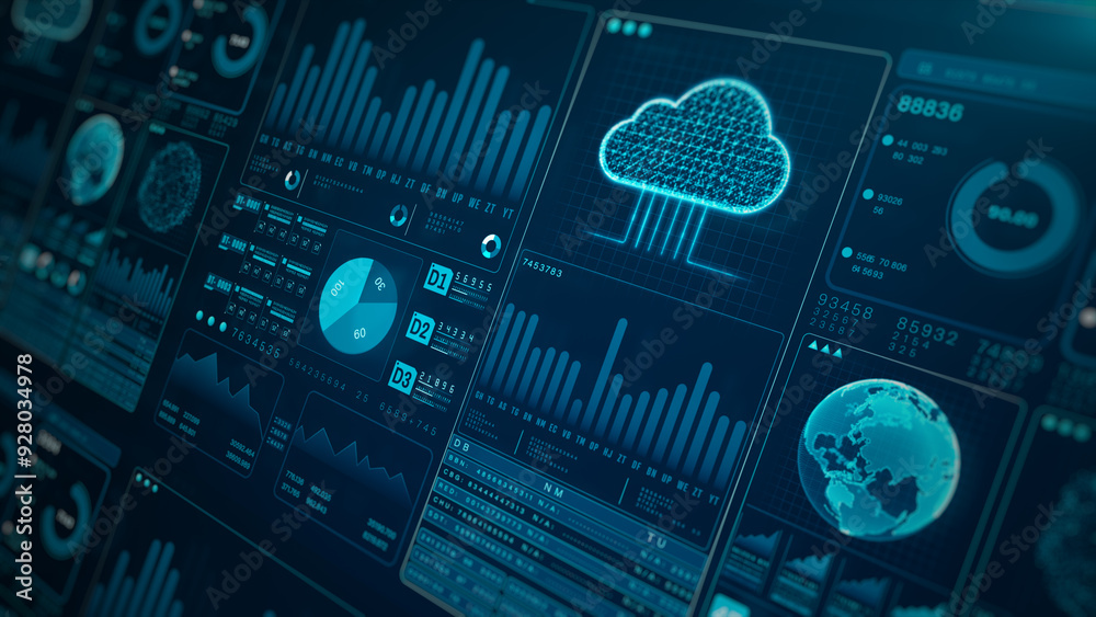 Poster hud showcasing advanced analytics and global connectivity, high-tech digital dashboard featuring dat