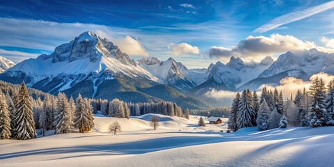 Tranquil snow-covered alpine landscape with majestic mountains and serene atmosphere, winter, Alps, snow, serene, tranquil