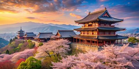 Fototapeta premium Panoramic view of Kiyomizu-dera temple with cherry blossoms and colorful foliage in Kyoto, Japan