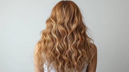 Fototapeta premium Woman Seen from Behind with Long Golden Curly Hair Emphasizing Natural Movement Soft Waves and Professional Hair Care Results