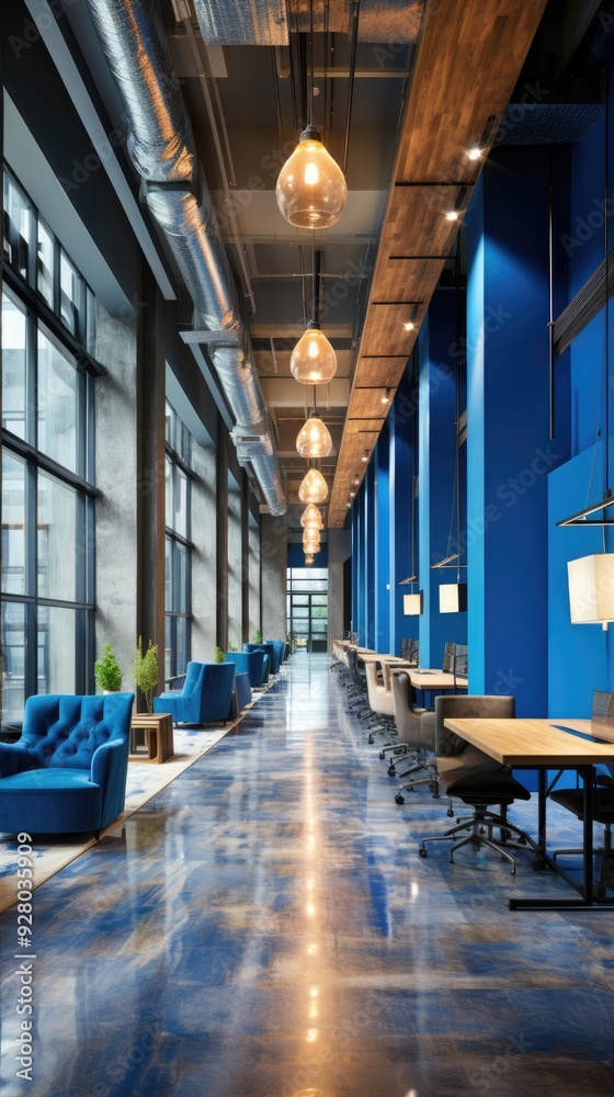 Sticker blue office corridor, concrete floor, loft-style windows, continuous ceiling lights, business and fi