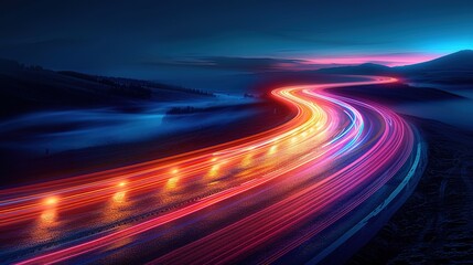 Abstract lights trails of cars driving on winding road at night.