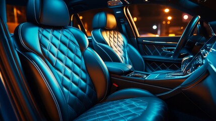 Blue Leather Luxury: The opulent interior of a car, featuring vibrant blue quilted leather seats, exudes an aura of sophistication and comfort. 