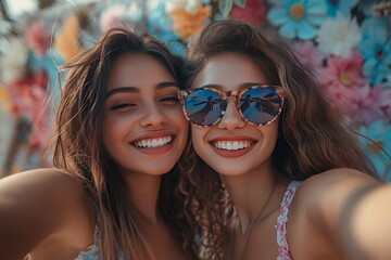 Two smiling women with sunglasses, one with flowers in her hair, are taking a selfie.