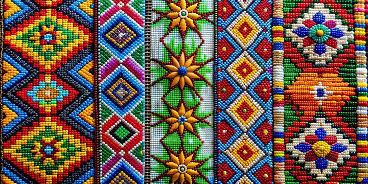 Traditional Native American beadwork patterns with vibrant colors and intricate designs, Native American, beadwork