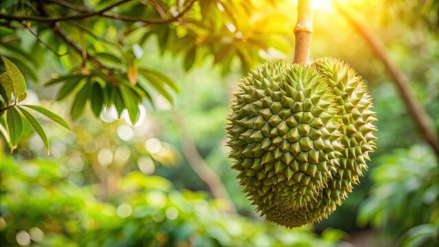 Ripe durian hanging on tree in lush garden setting, tropical fruit, durian, tree, ripe, harvest, green backdrop, garden, nature