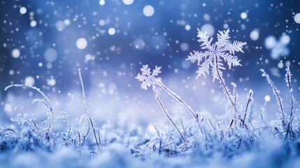 snowflake ice crystals snow falling on frozen ground and plants on a cold winter night