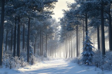 Winter's Enchanted Evergreen: Anime-Style Morning in a Snowy Pine Forest, Perfect for Seasonal Celebrations and Travel Posters,anime-style,illustration,Picture BooksFor Poster,Novel,UI,WEB,Game,Design