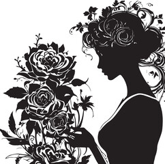 Vintage Floral Vision Woman Face Logo Retro Rose Reverie Black Floral Border Design
