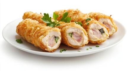 A Plate of Chicken Cordon Bleu Isolated on a White Background. 