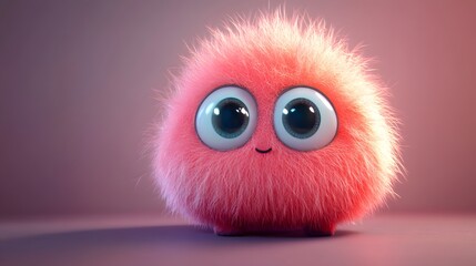 Fototapeta premium Cute Pink Fluffy Monster with Big Eyes.