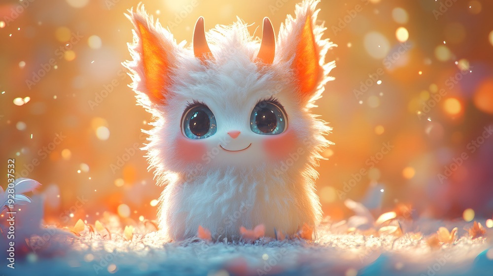 Poster Cute Fluffy Fantasy Creature with Big Eyes.