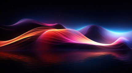 Abstract neon landscape with glowing waves and a starry sky.