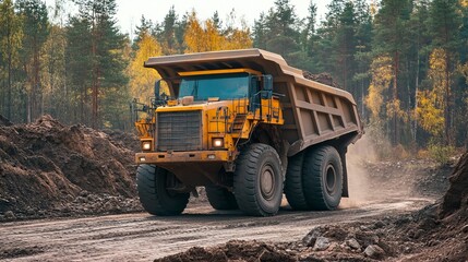 Yellow truck carrying iron ore