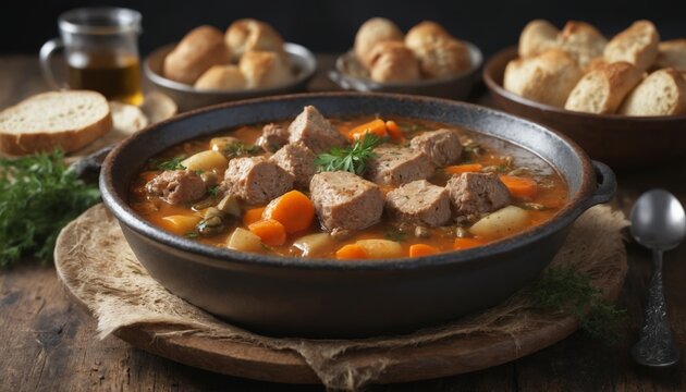 Rustic meatball stew with potatoes, carrots, and parsley, served with crusty bread