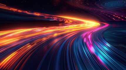Abstract neon light trails create a dynamic, futuristic background.