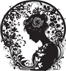 Vintage Floral Vision Woman Face Logo Retro Rose Reverie Black Floral Border Design
