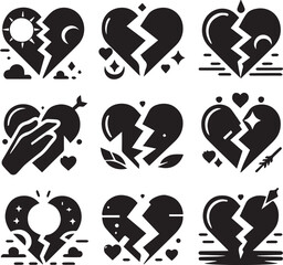 Broken hearts black silhouette vector icon set, Heart icons set.