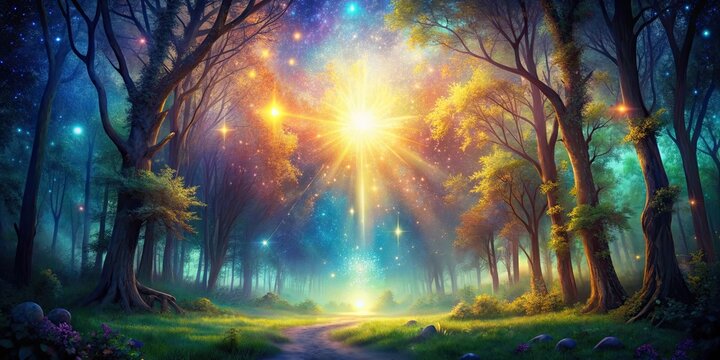Enchanted mystical forest with glowing strow rays of light and vibrant universe in the background, mystical, forest, glow