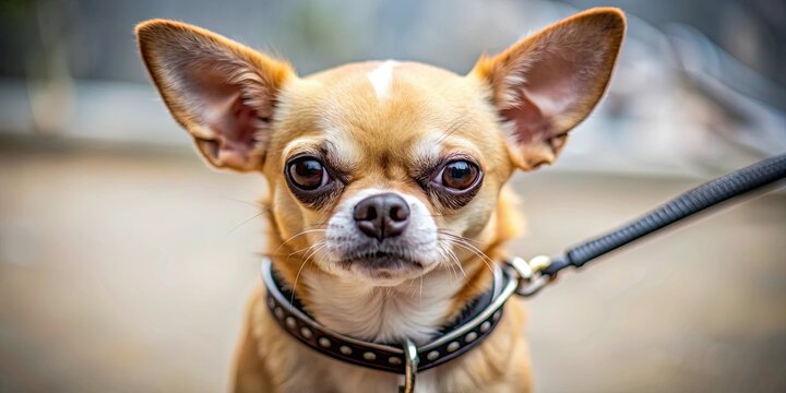 Close up image of a fierce Chihuahua dog with an angry expression on a leash, Chihuahua, dog, angry, face, close-up, leash, pet