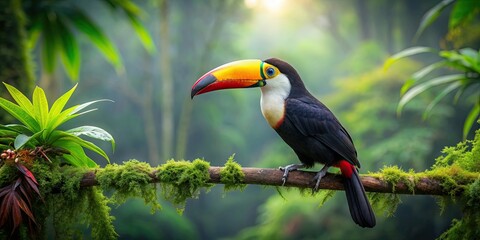 Obraz premium Toucan bird perched on a branch in a lush green forest , tropical, vibrant, colorful, wildlife, nature, exotic, bird, feathers