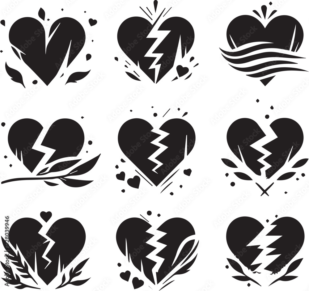 Wall mural broken hearts black silhouette vector icon set, heart icons set.