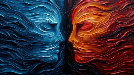 Two abstract paintings in a face off with red and blue themes