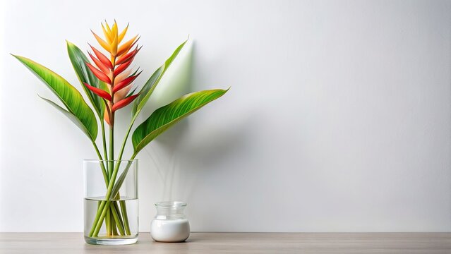 Minimalist botanical composition featuring heliconia rostrata and a bottle brush tree, botanical