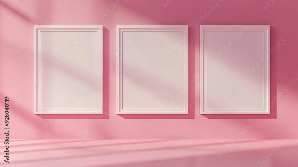 Wall mural three white picture frames on pink background