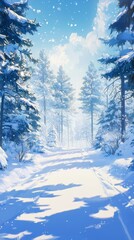 Fototapeta premium Winter's Enchanted Evergreen: Anime-Style Morning in a Snowy Pine Forest, Perfect for Seasonal Celebrations and Travel Posters,anime-style,illustration,Picture BooksFor Poster,Novel,UI,WEB,Game,Design