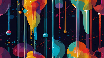 abstract chemistry-inspired illustration with swirling colorful liquids, beakers, and test tubes merging into geometric patterns, symbolizing the interaction of chemical reactions