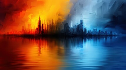 Two abstract cityscapes in conflict with contrasting colors