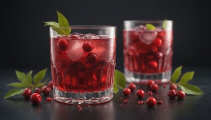Refreshing cranberry cocktails with ice and mint garnishes on a dark background