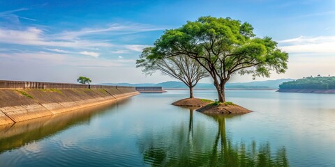 Trees growing on the edge of a dam in Thailand, trees, dam, Thailand, landscape, nature, water, reservoir, environment, growth