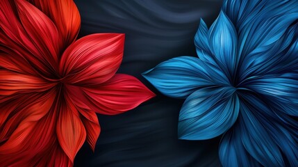 Two abstract flowers in a face off with red and blue petals