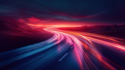 Abstract nighttime road with red and yellow light trails.