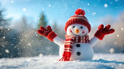 Snowman wearing red scarf and mittens playing in the snow, snowman, red scarf, mittens, winter, cold, holiday, frozen, cheerful