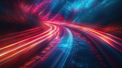 Obraz premium Abstract red and blue light streaks on a dark road at night.