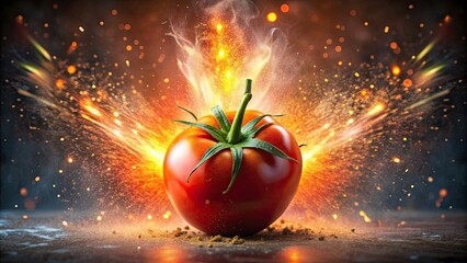 Surreal studio snapshot of exploding tomato with festive background , tomato, red, explosion, juice, pulp, suspended, mid-air