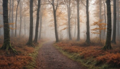 Misty autumn pathway through a serene forest covered in golden foliage