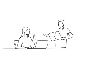 Line drawing of two business professionals at a desk. One is seated in front of a laptop, gesturing as if explaining something, while the other stands beside the desk