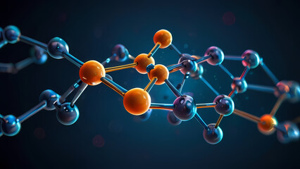 abstract background representing molecular structures in chemistry, featuring interconnected glowing atoms and swirling chemical bonds against a deep blue gradient