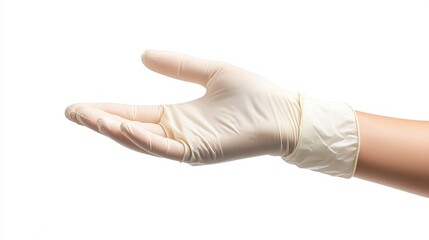 Hand wearing latex glove on white background