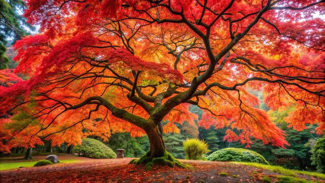 Vibrant, glorious red Japanese maple tree in full autumn foliage , Autumn, foliage, red, vibrant, colorful, Japanese maple